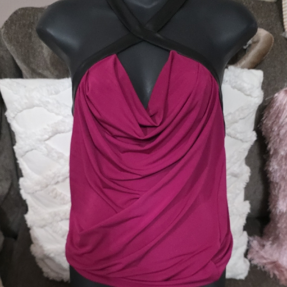 Guess Fuchsia Halter Tank Top with Black Faux Leather Trim